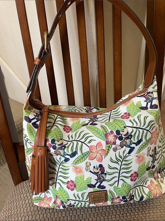 Dooney & Bourke Handbags - Dooney & Bourke White Canvas Tropical Floral Mickey Shoulder Bag with Tan Trim